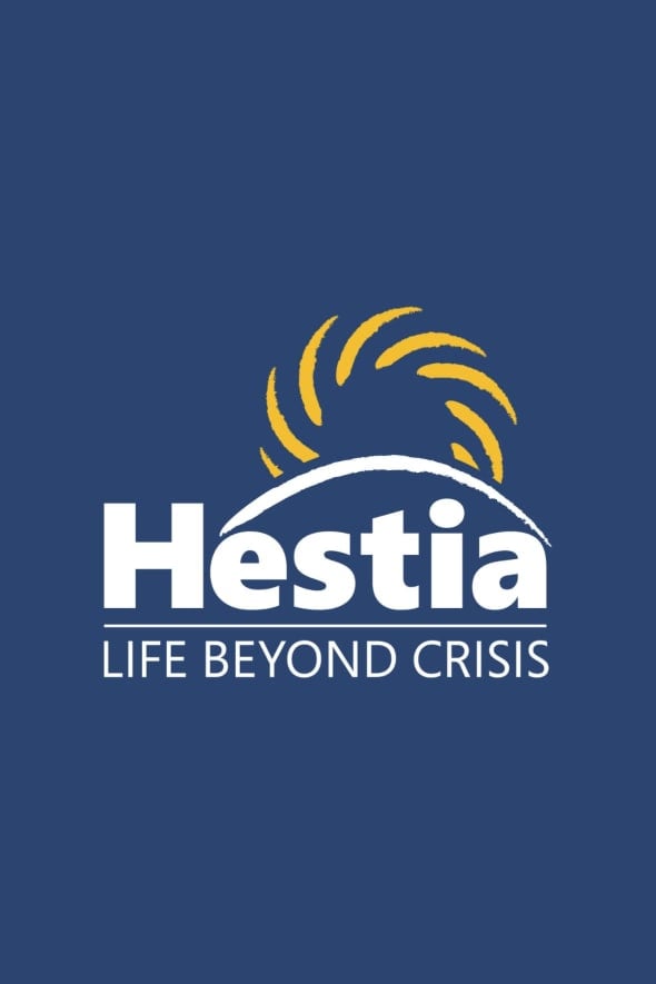 Blue background with the Hestia logo in white